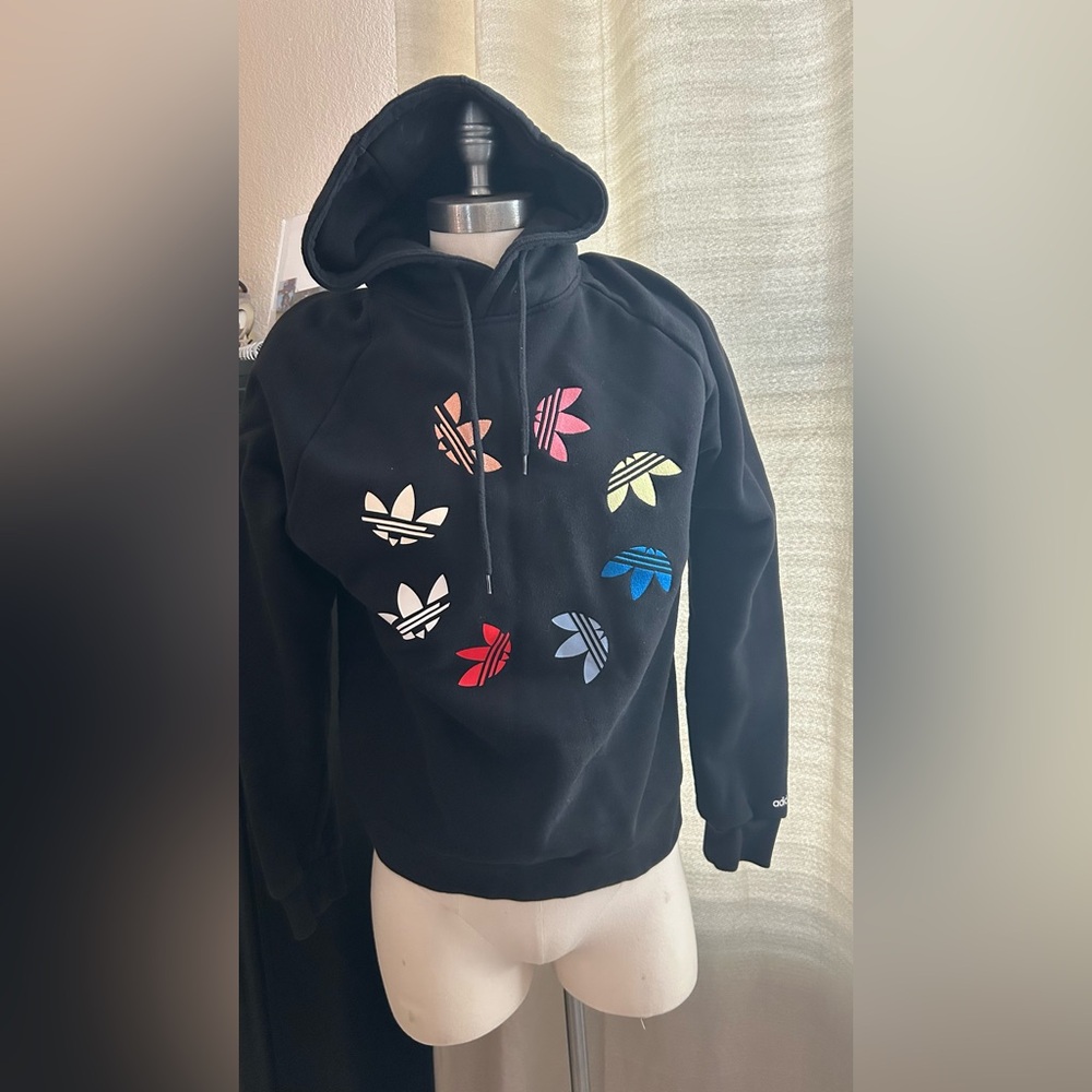 adidas Multicolor Trefoil Graphic Print Black Hoodie Men's Size M